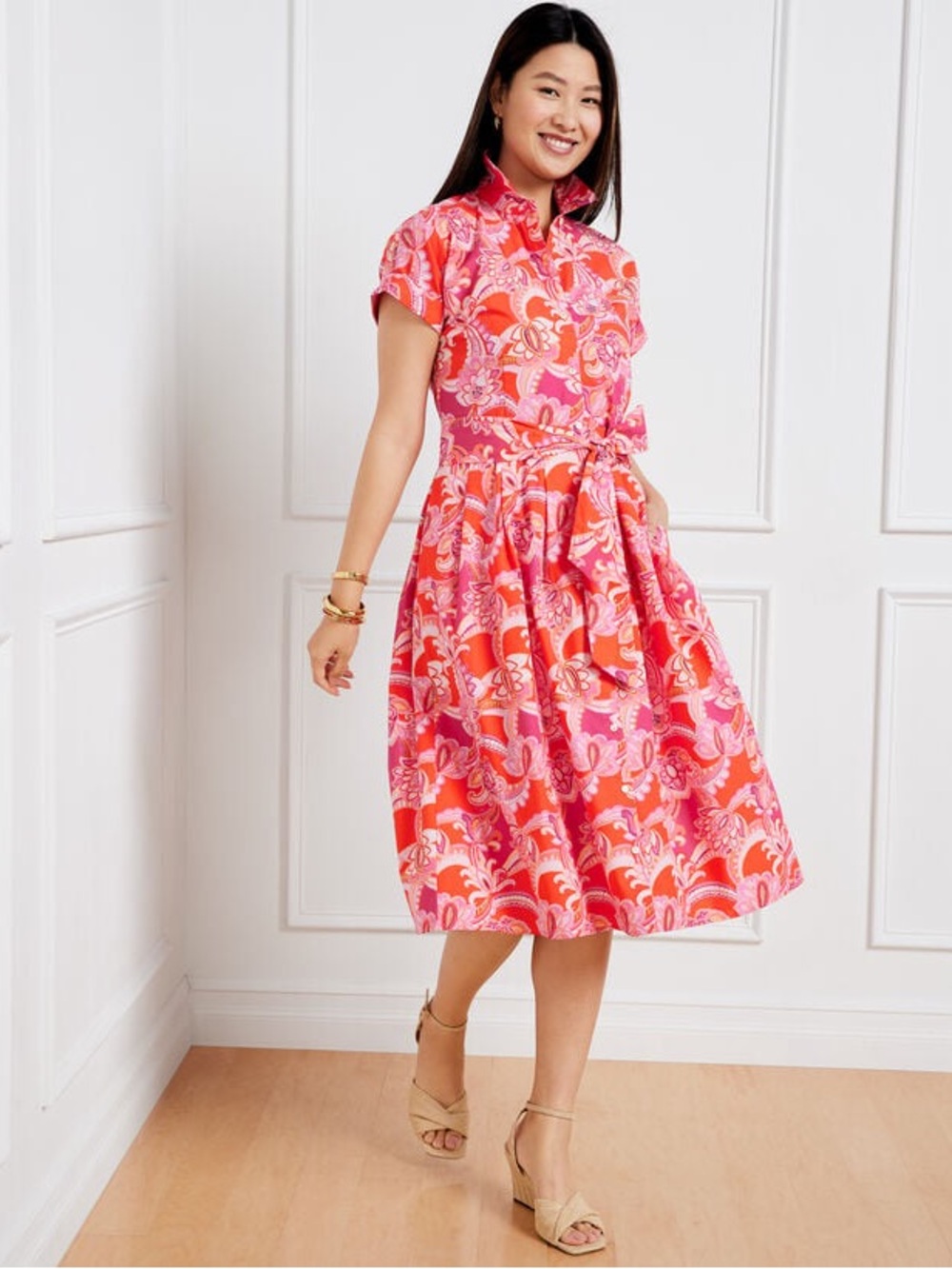 NWOT Talbots  The Sutton  Pink & orange  Floral Midi Fit-and-Flare  shirtdress